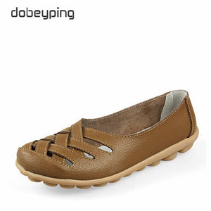 New Women's Casual Shoes Genuine Leather Woman Loafers Slip On Female Flats Leisure Ladies Driving Shoe Solid Mother Boat Shoes - goktown.com