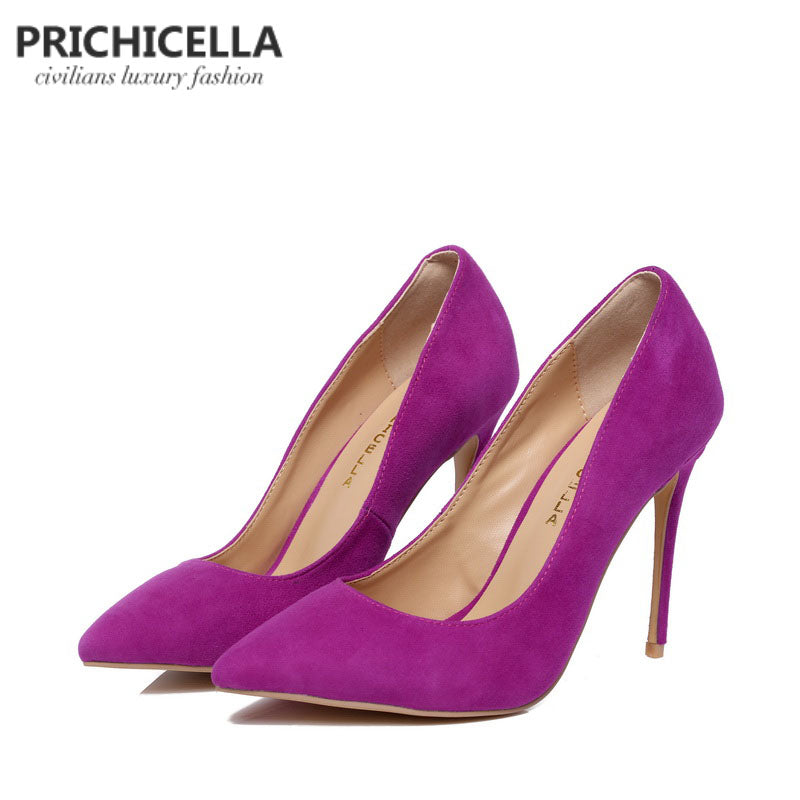 PRICHICELLA Purple suede pumps genuine leather 10cm super high heels pointed toe dress shoe size34-42 - goktown.com