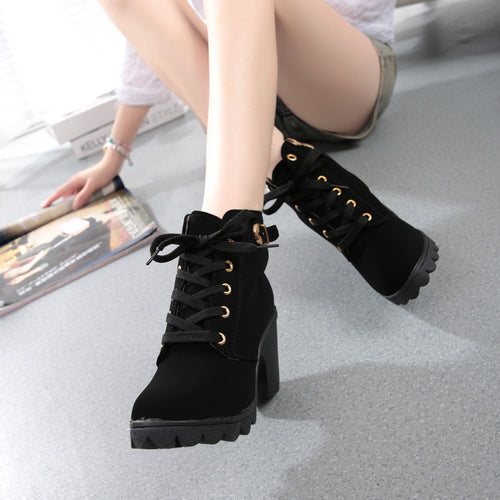 Womens Fashion High Heel Lace Up Ankle Boots Ladies Buckle Platform Shoes - goktown.com