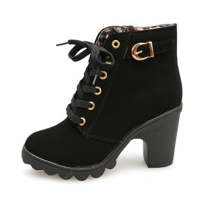 Womens Fashion High Heel Lace Up Ankle Boots Ladies Buckle Platform Shoes - goktown.com