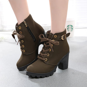 Womens Fashion High Heel Lace Up Ankle Boots Ladies Buckle Platform Shoes - goktown.com