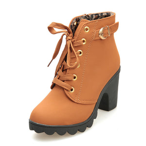 Womens Fashion High Heel Lace Up Ankle Boots Ladies Buckle Platform Shoes - goktown.com