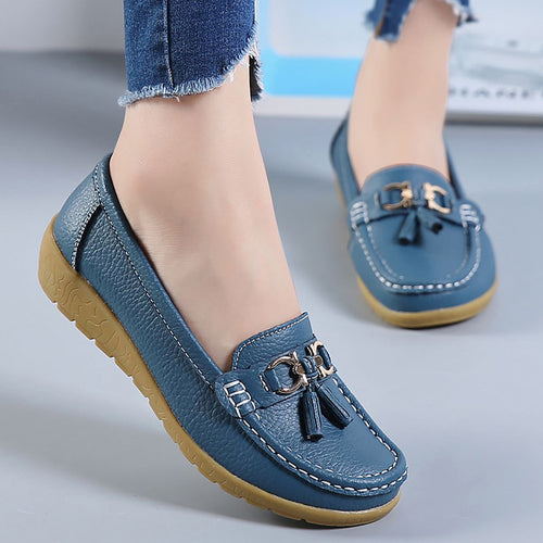 Spring shoes women genuine leather shoes fashion casual loafers fringe slip-on round toe solid female shoes plus size 35-44 - goktown.com