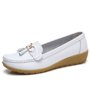 Spring shoes women genuine leather shoes fashion casual loafers fringe slip-on round toe solid female shoes plus size 35-44 - goktown.com