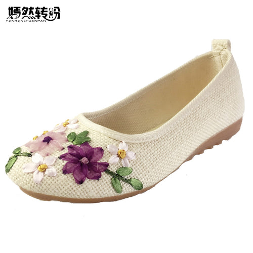 Vintage Embroidered Women Flats Flower Slip On Cotton Fabric Linen Comfortable Old Peking Ballerina Flat Shoes Sapato Feminino - goktown.com